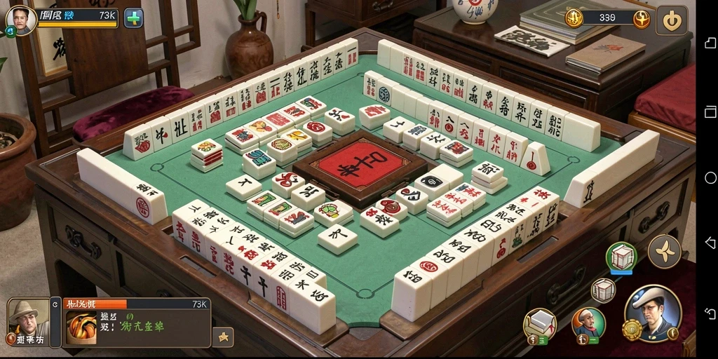 Tampilan gameplay 73K yang menarik dengan ubin Mahjong yang berwarna-warni.