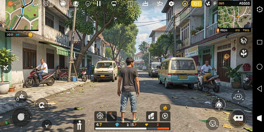 Screenshot gameplay menunjukkan karakter berinteraksi dalam lingkungan simulasi.