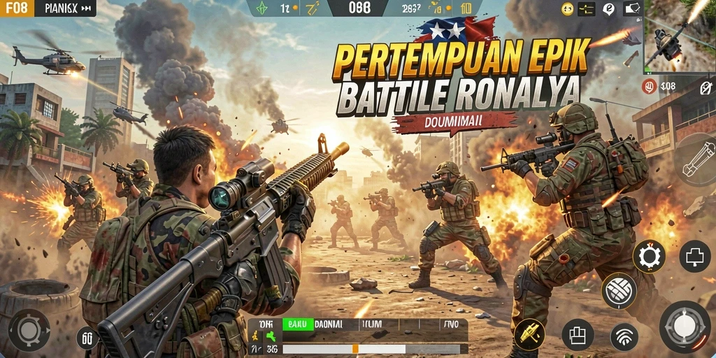 Tampilan gameplay F08 menegangkan dengan aksi pertempuran Battle Royale yang seru.