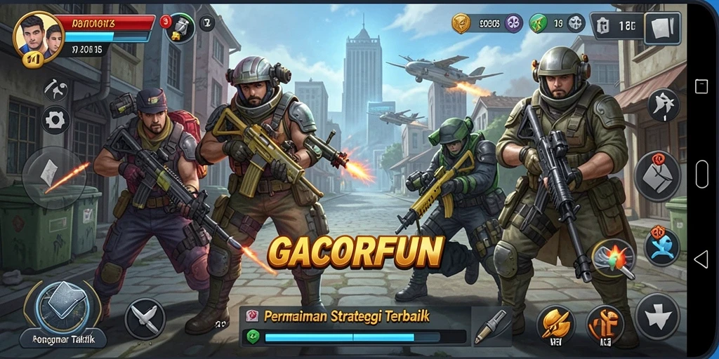 Screenshot utama GACORFUN menunjukkan aksinya dalam strategi pertempuran.