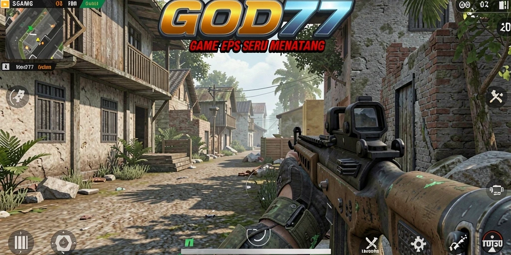 Tampilan gameplay intens di GOD77 dengan aksi FPS dramatis.