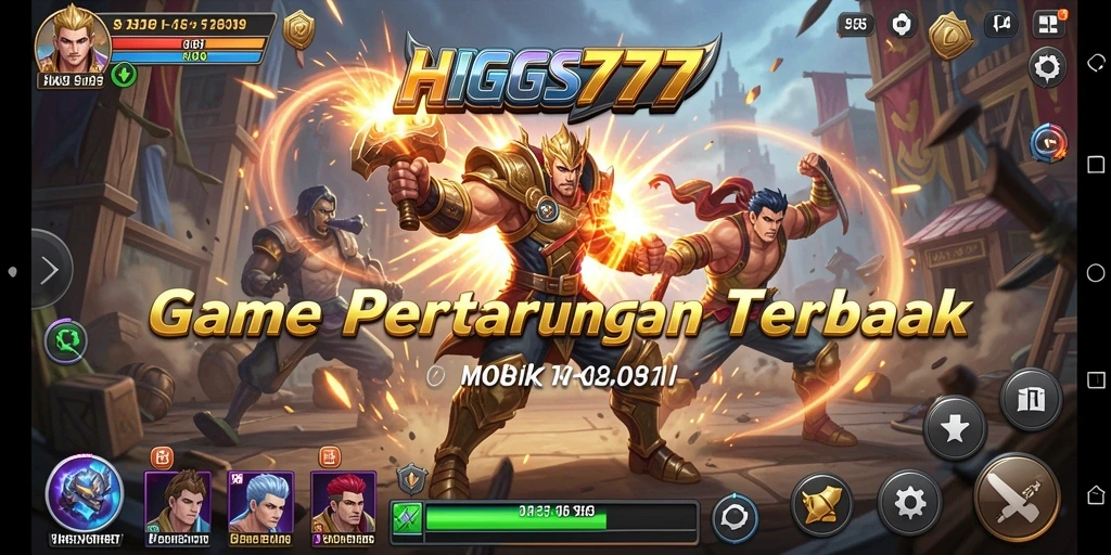 Tampilan gameplay seru dengan karakter bertarung di arena.