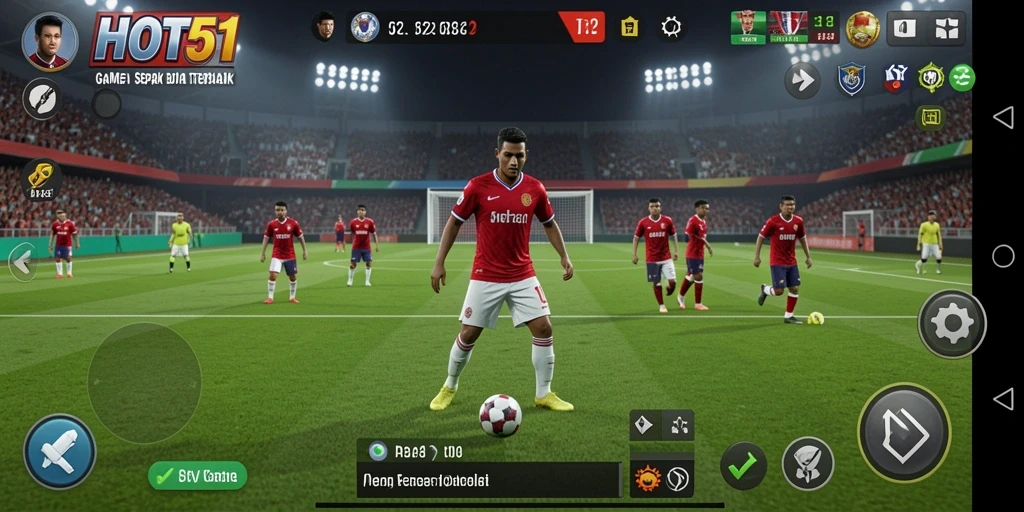 Tampilan gameplay HOT51 dengan pemain beraksi di lapangan sepak bola.
