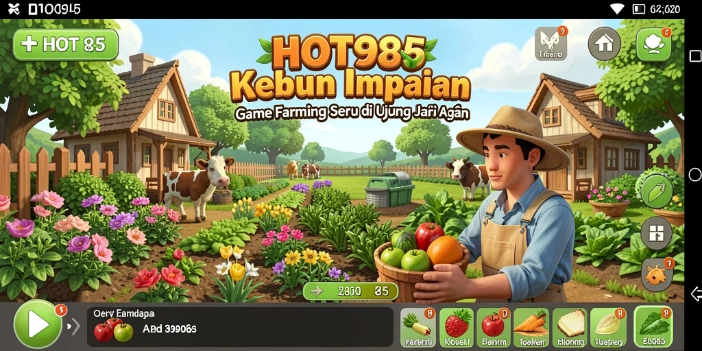 Screenshot gameplay HOT985 yang menunjukkan kebun yang subur dan aktif.