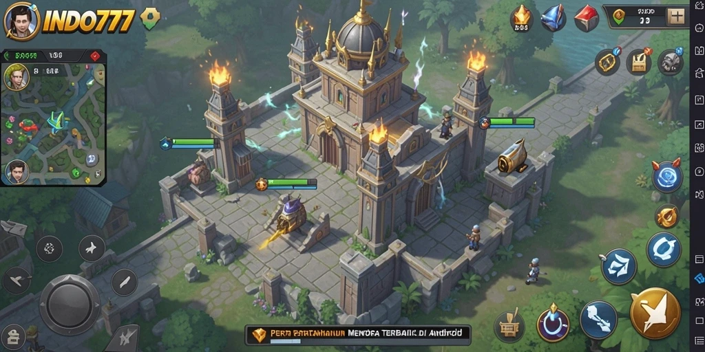 Tampilan gameplay INDO777 dengan menara pertahanan yang strategis.