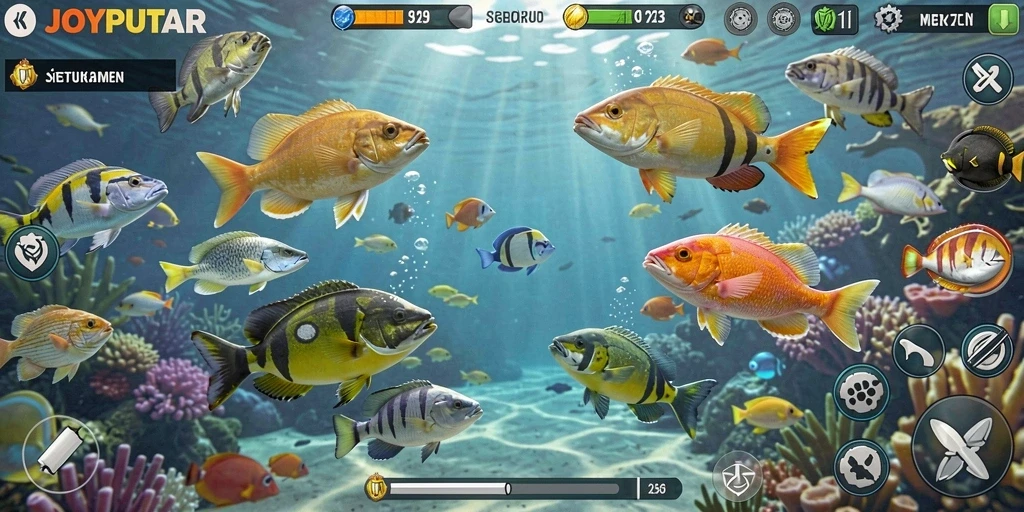 Tampilan menarik dari gameplay JOYPUTAR saat pemain menembak ikan.