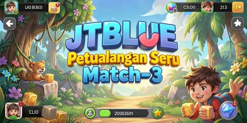 Tampilan gameplay seru dalam JTBLUE dengan kombinasi warna-warni.