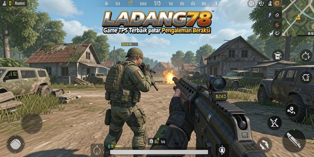Screenshot utama LADANG78 menampilkan aksi tembak-menembak yang mendebarkan dalam game TPS.