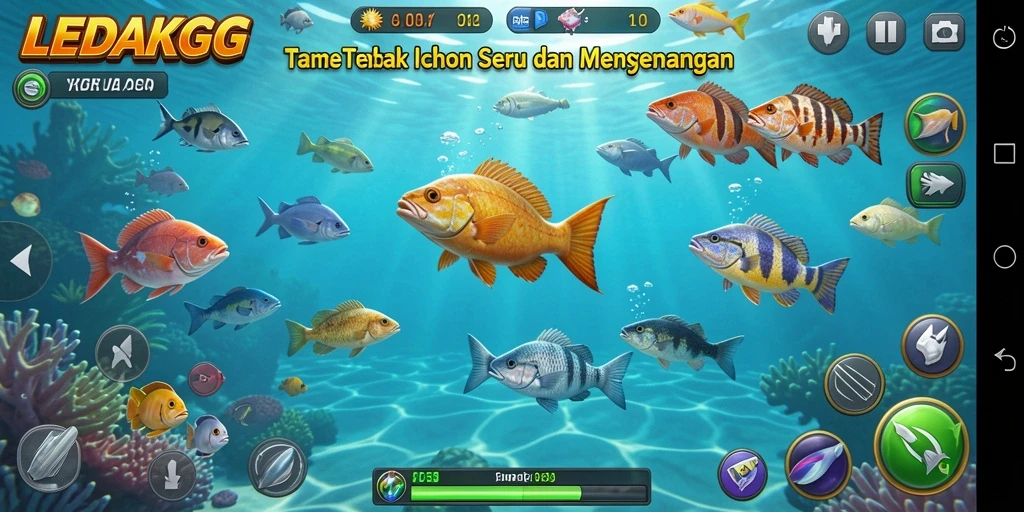 Screenshot utama LEDAKGG menampilkan gameplay seru Tembak Ikan.