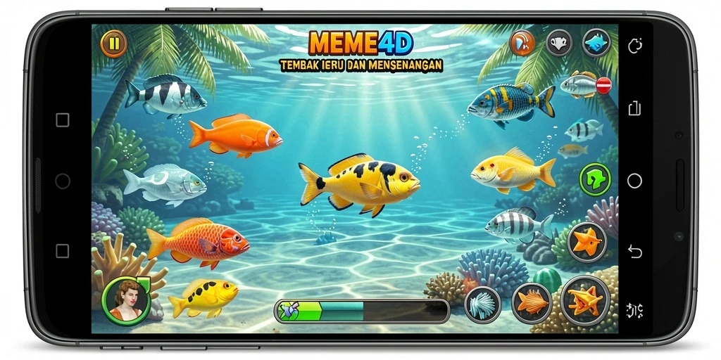 Tampilan gameplay seru di <strong>MEME4D</strong> saat berburu ikan di lautan.
