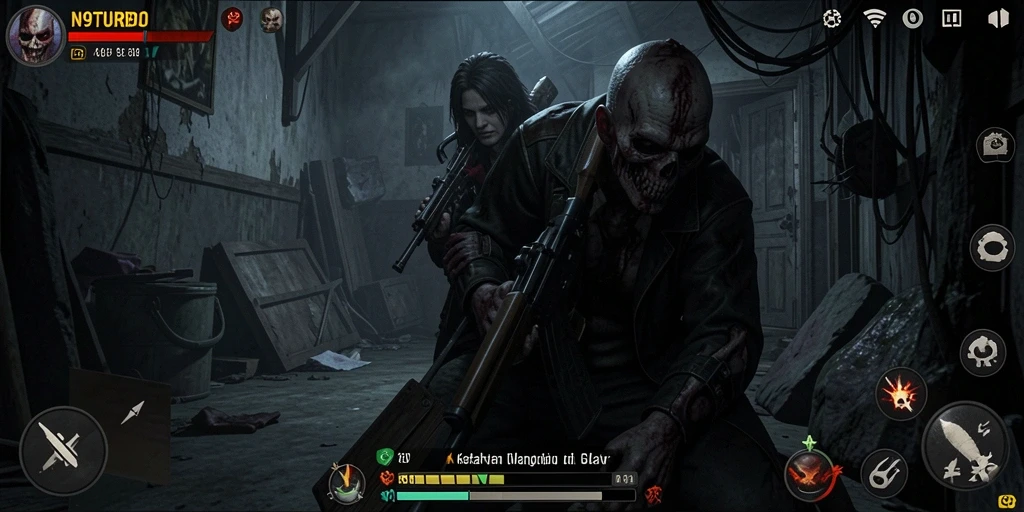 Screenshot N9TURBO menampilkan suasana menakutkan dan gameplay seru.