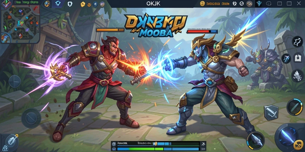 Tangkapan layar menunjukkan aksi seru pertempuran dalam game MOBA OKJK.