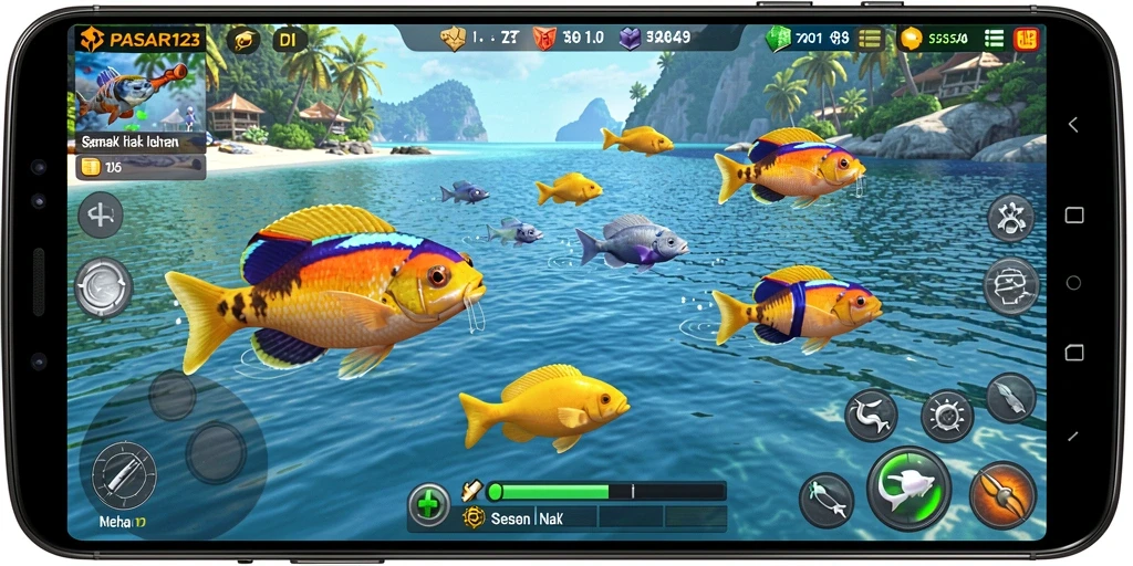 Tampilan dinamis gameplay Tembak Ikan PASAR123 yang seru.
