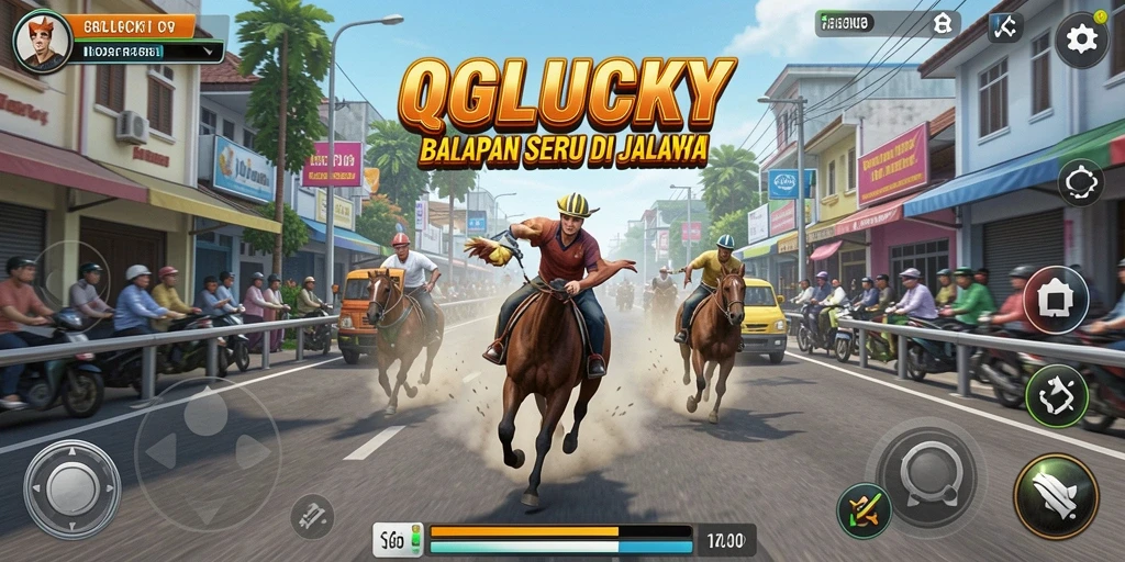 Screenshot gameplay QGLUCKY dengan aksi balapan yang mendebarkan.