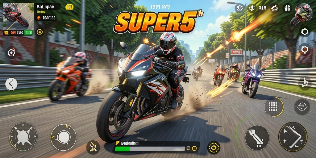 Tangkapan layar gameplay SUPER5 yang menegangkan saat balapan motor.