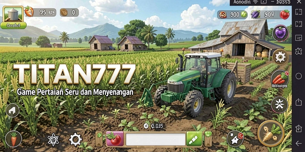 Screenshot gameplay <strong>TITAN777</strong> menunjukkan ladang yang subur dengan berbagai tanaman.