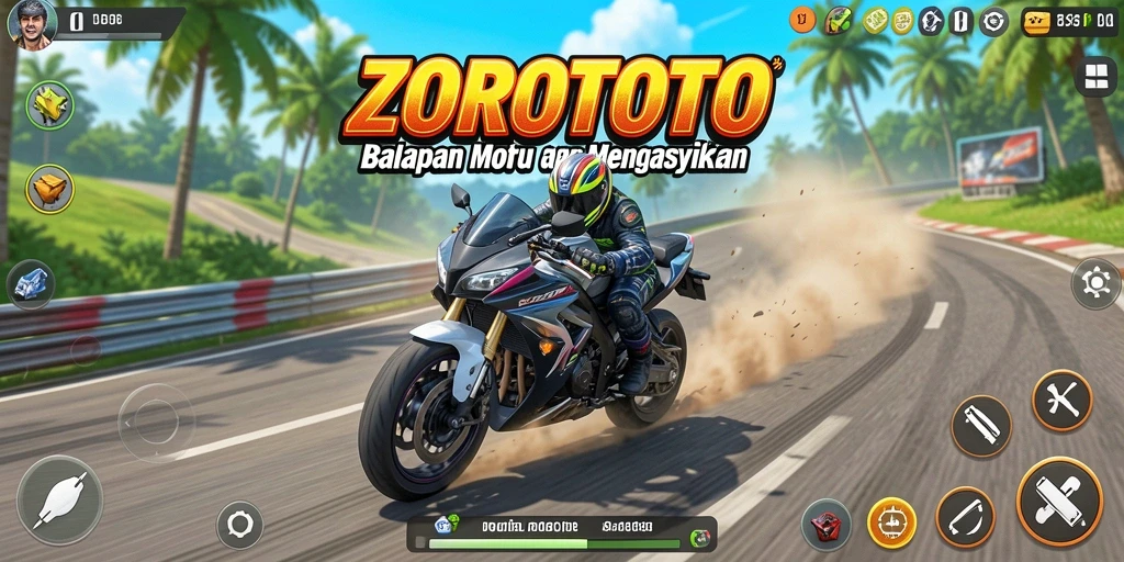 Tampilan gameplay seru ZOROTOTO dengan aksi balapan motor.